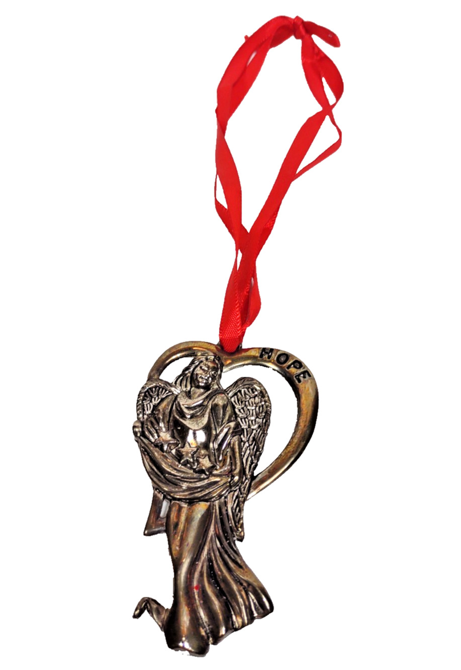VTG Lenox Silver Plated Angel Christmas Ornament HOPE w Red Ribbon 3.25”